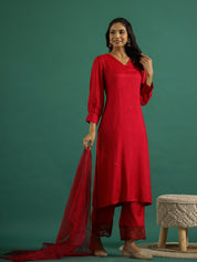 V-Neck Sequinned Straight Red Kurta with Trousers Kurti set SANSKRUTI HOMES 