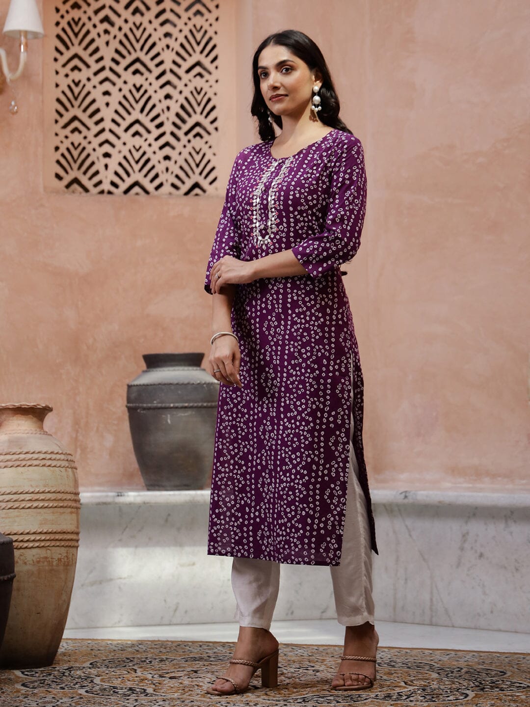 White Dot Printed Round Neck Kurta Kurta set Rangdeep-Fashions 