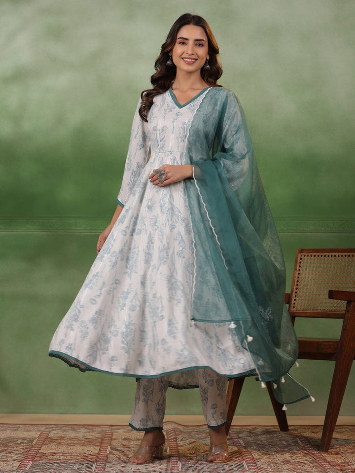 White Floral Printed V-Neck Cotton Kurta Set Kurti set SANSKRUTI HOMES 