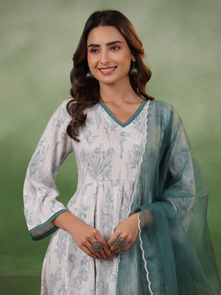 White Floral Printed V-Neck Cotton Kurta Set Kurti set SANSKRUTI HOMES 