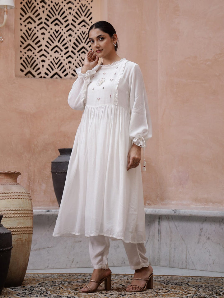 White Round Neck Solid Print Kurta Set Kurta set Rangdeep-Fashions 