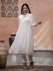 White V-Neck Solid Print Kurta Set Kurta set Rangdeep-Fashions 