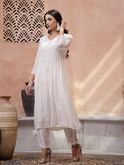 White V-Neck Solid Print Kurta Set Kurta set Rangdeep-Fashions 