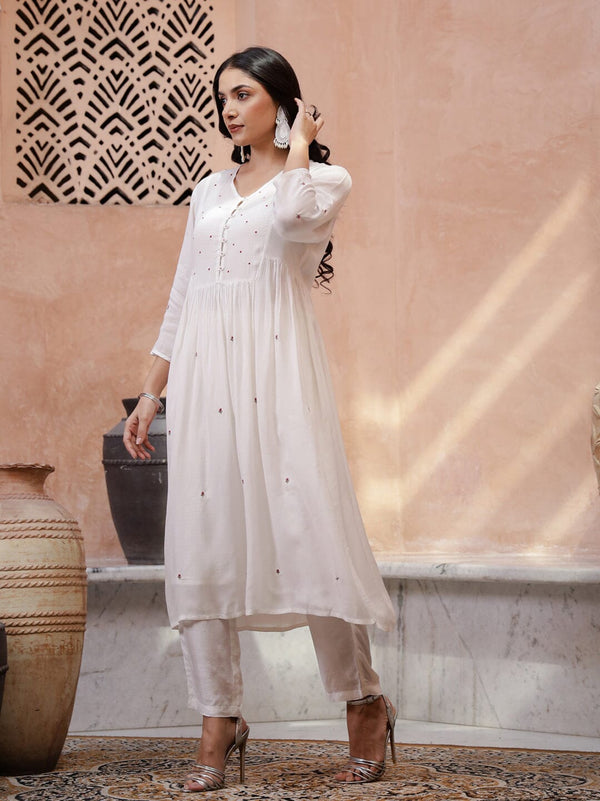 White V-Neck Solid Print Kurta Set Kurta set Rangdeep-Fashions 