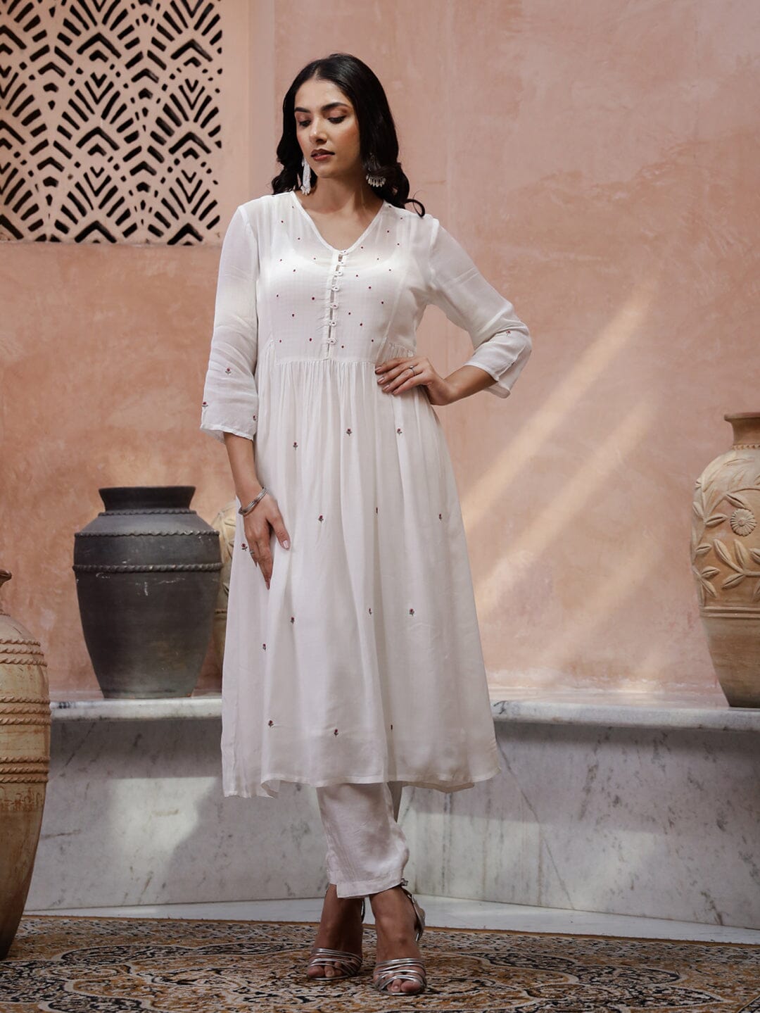 White V-Neck Solid Print Kurta Set Kurta set Rangdeep-Fashions 