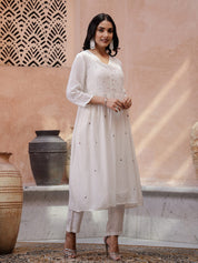 White V-Neck Solid Print Kurta Set Kurta set Rangdeep-Fashions 