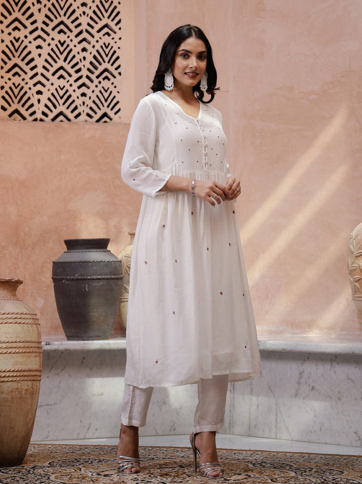 White V-Neck Solid Print Kurta Set Kurta set Rangdeep-Fashions 