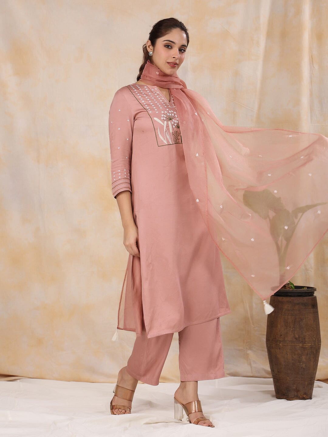 Women' s Floral Embroidered Satin Straight Kurta with Trouser & Dupatta Set Kurti Dupatta set Pant Rangdeep-Fashions 