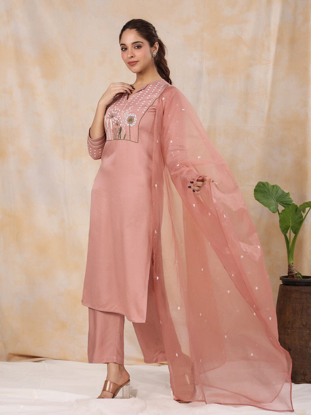 Women' s Floral Embroidered Satin Straight Kurta with Trouser & Dupatta Set Kurti Dupatta set Pant Rangdeep-Fashions 