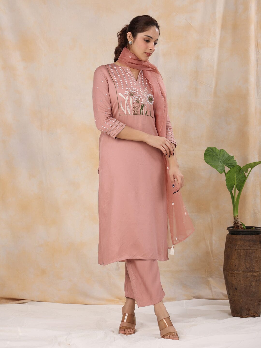 Women' s Floral Embroidered Satin Straight Kurta with Trouser & Dupatta Set Kurti Dupatta set Pant Rangdeep-Fashions 