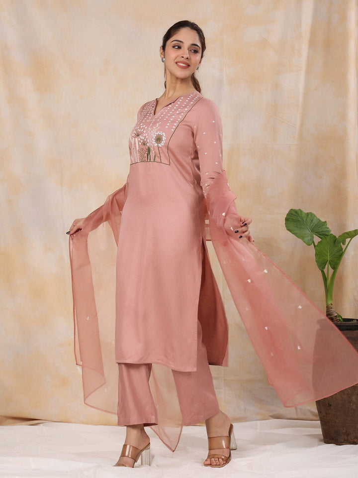 Women' s Floral Embroidered Satin Straight Kurta with Trouser & Dupatta Set Kurti Dupatta set Pant Rangdeep-Fashions 