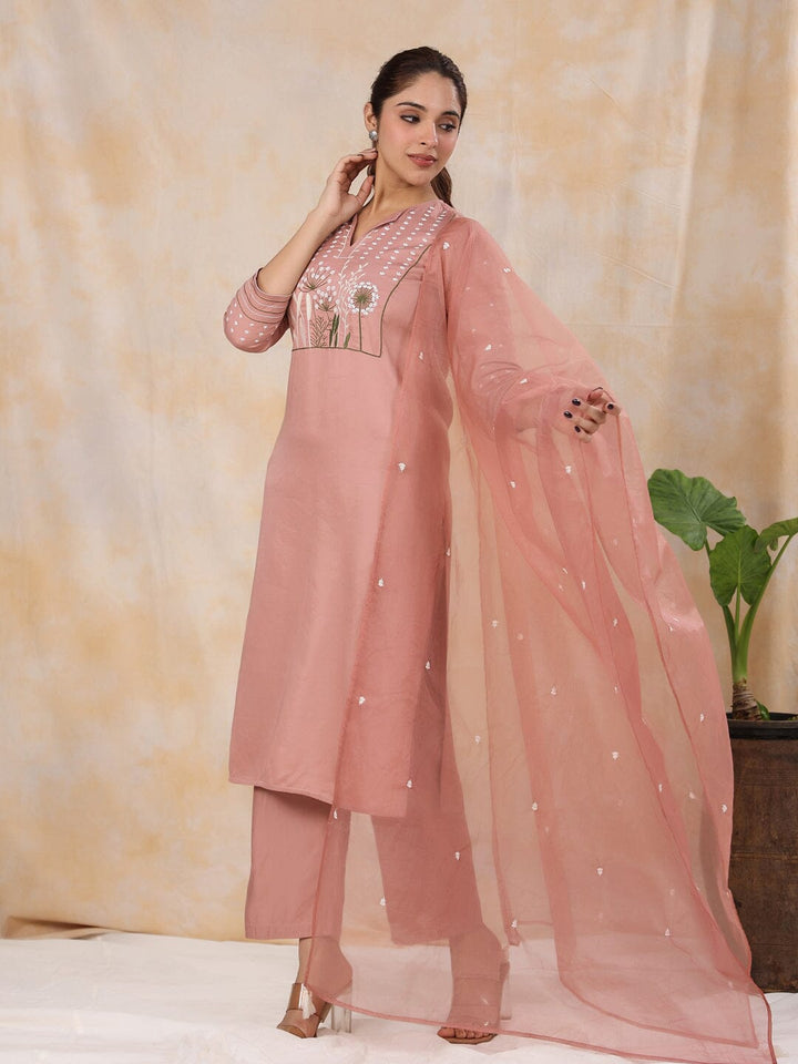 Women' s Floral Embroidered Satin Straight Kurta with Trouser & Dupatta Set Kurti Dupatta set Pant Rangdeep-Fashions 