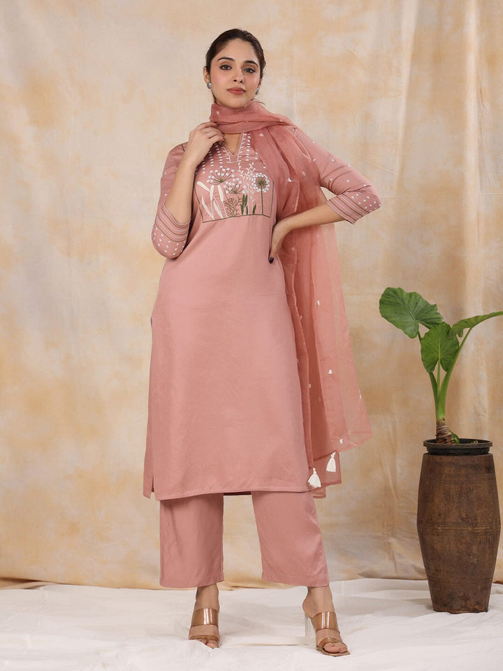 Women' s Floral Embroidered Satin Straight Kurta with Trouser & Dupatta Set Kurti Dupatta set Pant Rangdeep-Fashions 