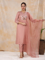 Women' s Floral Embroidered Satin Straight Kurta with Trouser & Dupatta Set Kurti Dupatta set Pant Rangdeep-Fashions 