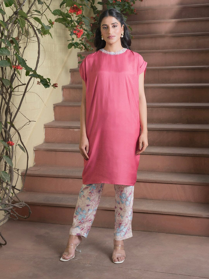 Women' s Floral Printed Silk Blend Straight Kurta with Trousers Kurti Dupatta set Pant Rangdeep-Fashions 