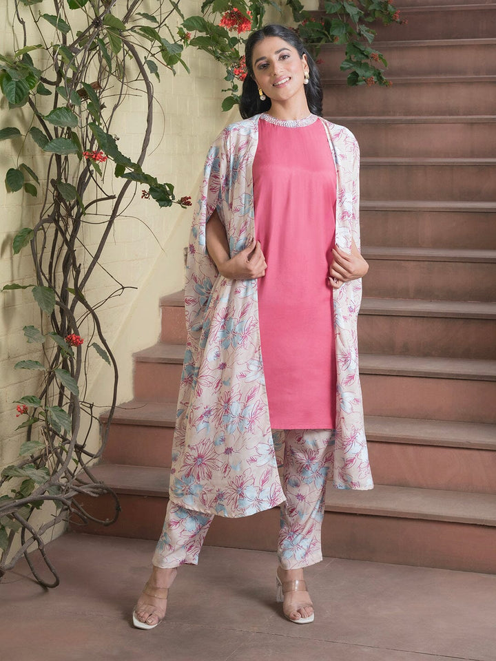 Women' s Floral Printed Silk Blend Straight Kurta with Trousers Kurti Dupatta set Pant Rangdeep-Fashions 