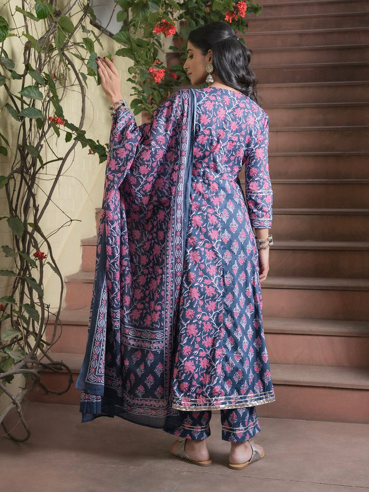 Women set of Pure Cotton 3 pcs Blue Colour Flared Printed Kurta Sets muslin kurta Rangdeep-Fashions 