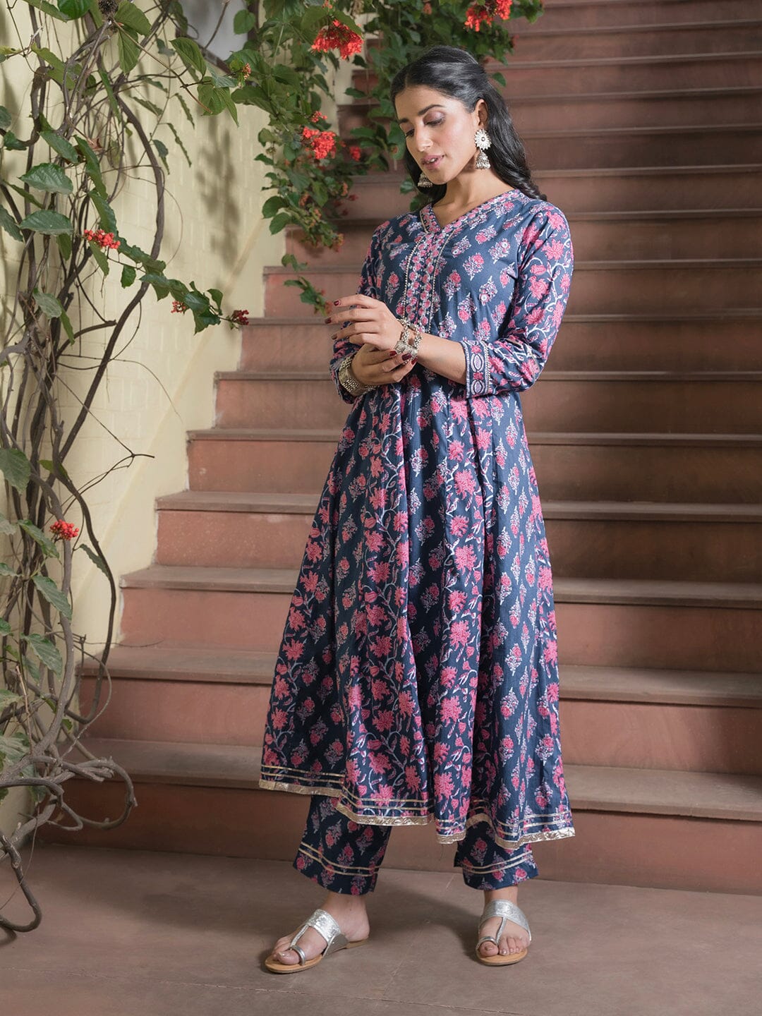 Women set of Pure Cotton 3 pcs Blue Colour Flared Printed Kurta Sets muslin kurta Rangdeep-Fashions 