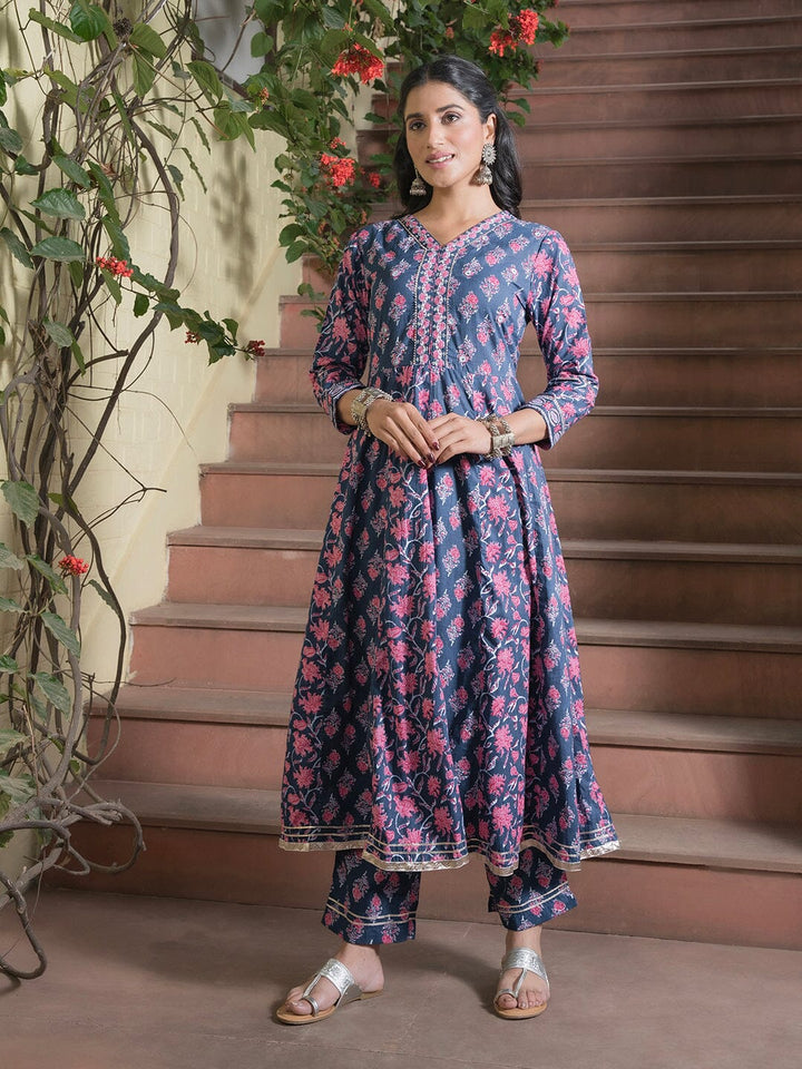 Women set of Pure Cotton 3 pcs Blue Colour Flared Printed Kurta Sets muslin kurta Rangdeep-Fashions 