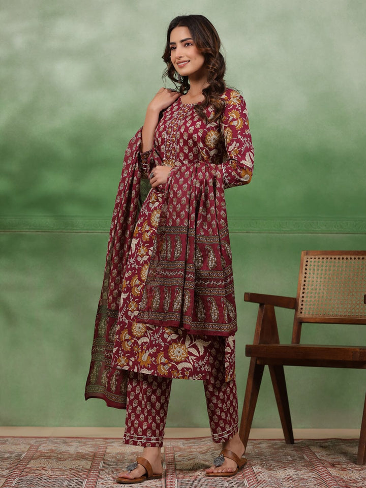 Women set of Pure Cotton 3 pcs Maroon Colour Straight Printed Kurta Sets muslin kurta Rangdeep-Fashions 