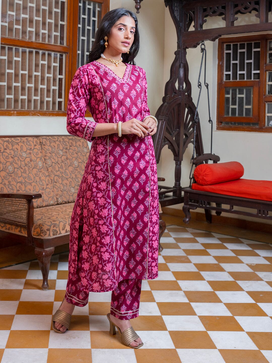 Women set of Pure Cotton 3 pcs Maroon Colour Straight Printed Kurta Sets muslin kurta Rangdeep-Fashions 