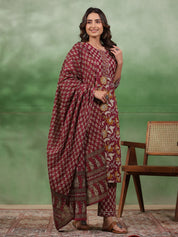 Women set of Pure Cotton 3 pcs Maroon Colour Straight Printed Kurta Sets muslin kurta Rangdeep-Fashions 