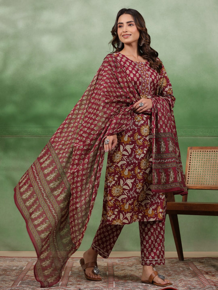 Women set of Pure Cotton 3 pcs Maroon Colour Straight Printed Kurta Sets muslin kurta Rangdeep-Fashions 