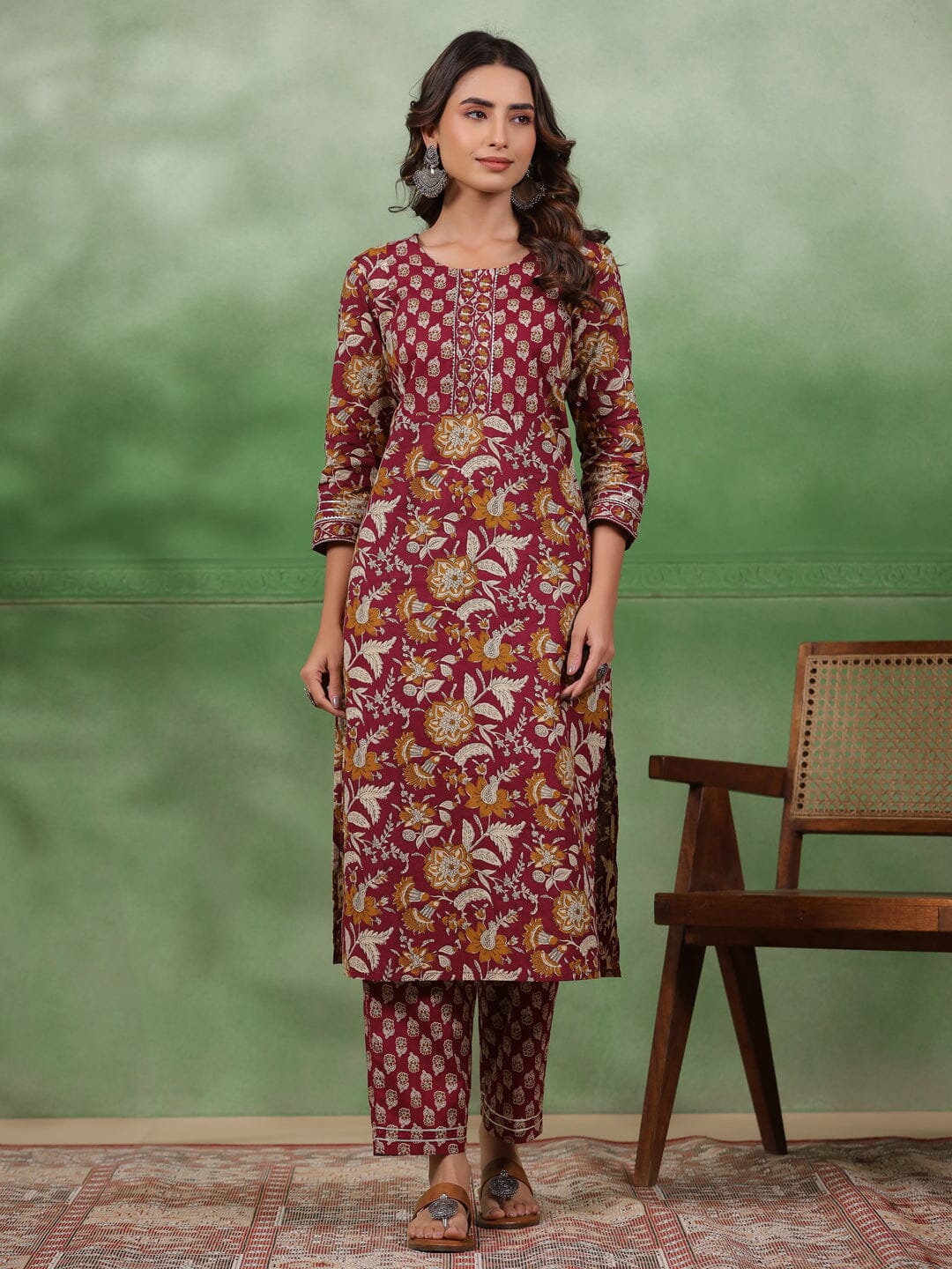 Women set of Pure Cotton 3 pcs Maroon Colour Straight Printed Kurta Sets muslin kurta Rangdeep-Fashions 