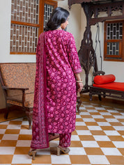 Women set of Pure Cotton 3 pcs Maroon Colour Straight Printed Kurta Sets muslin kurta Rangdeep-Fashions 