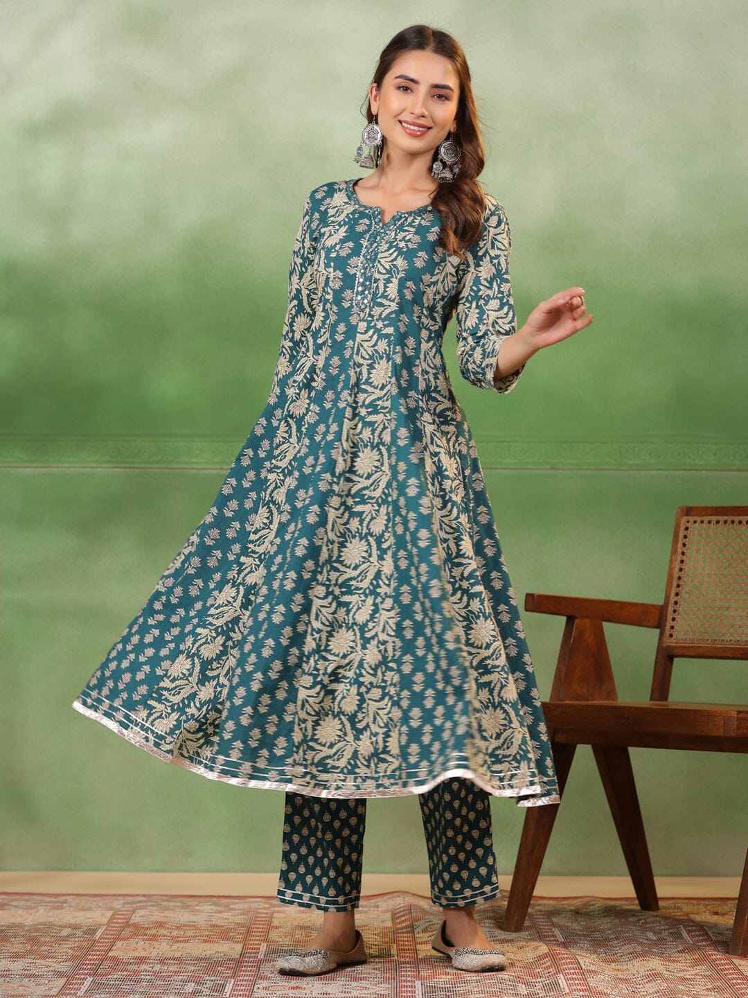 Women set of Pure Cotton 3 pcs Teal Colour Flared Printed Kurta Sets muslin kurta Rangdeep-Fashions 