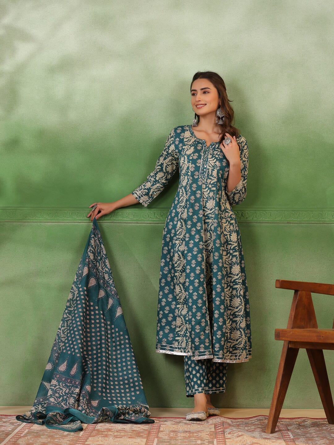 Women set of Pure Cotton 3 pcs Teal Colour Flared Printed Kurta Sets muslin kurta Rangdeep-Fashions 