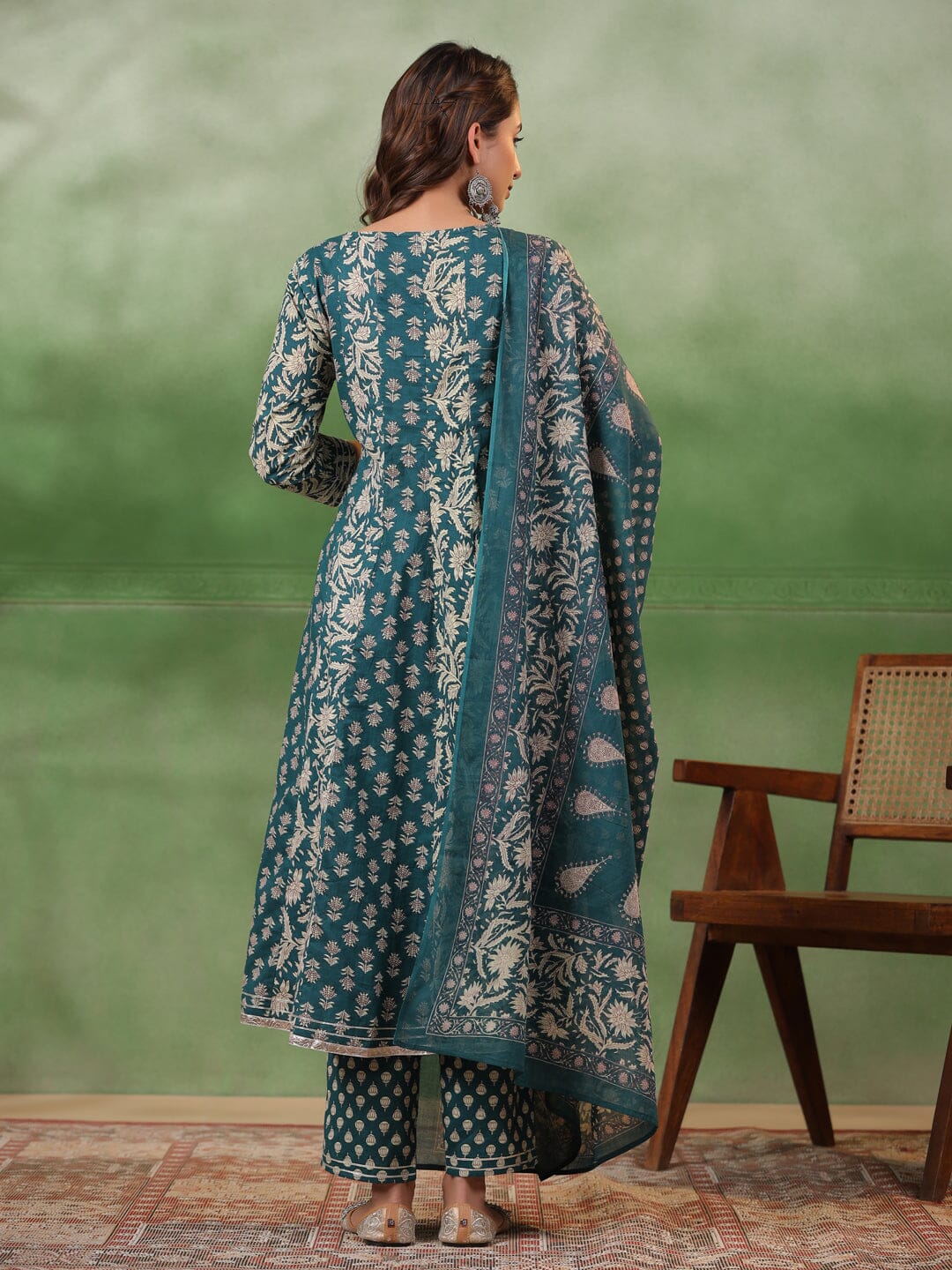 Women set of Pure Cotton 3 pcs Teal Colour Flared Printed Kurta Sets muslin kurta Rangdeep-Fashions 