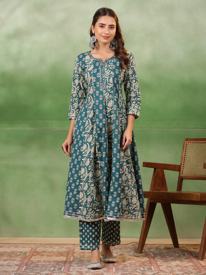 Women set of Pure Cotton 3 pcs Teal Colour Flared Printed Kurta Sets muslin kurta Rangdeep-Fashions 