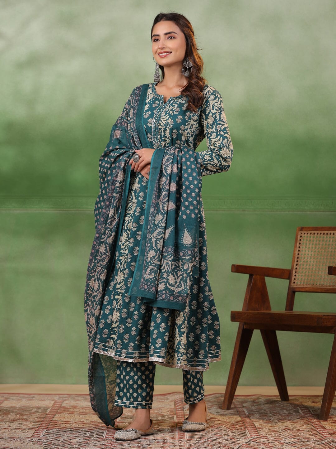 Women set of Pure Cotton 3 pcs Teal Colour Flared Printed Kurta Sets muslin kurta Rangdeep-Fashions 