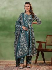 Women set of Pure Cotton 3 pcs Teal Colour Flared Printed Kurta Sets muslin kurta Rangdeep-Fashions 