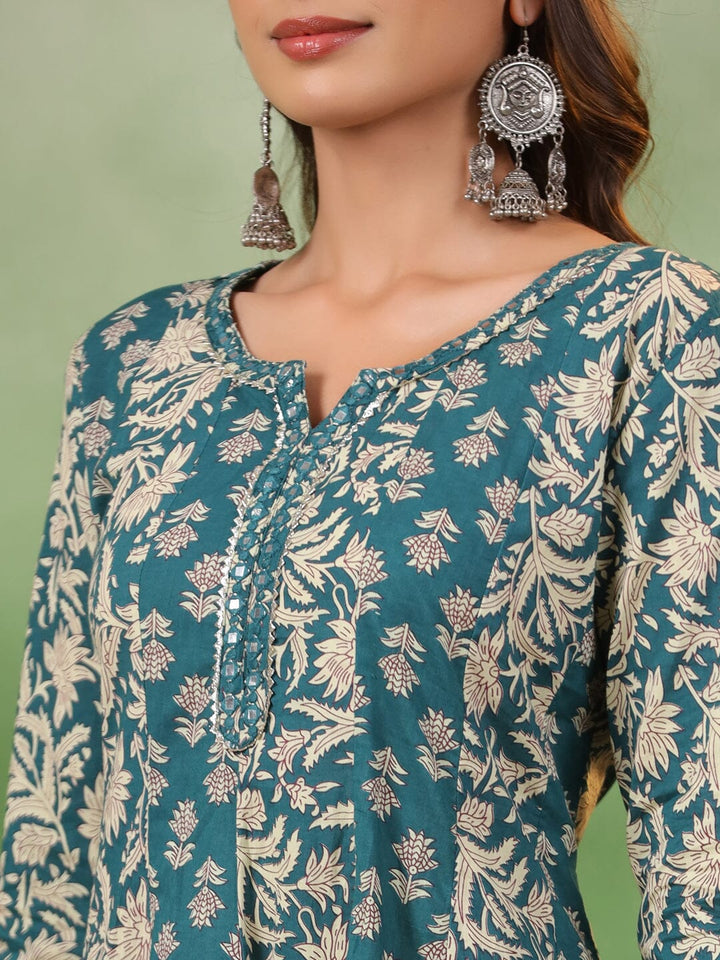 Women set of Pure Cotton 3 pcs Teal Colour Flared Printed Kurta Sets muslin kurta Rangdeep-Fashions 