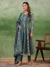 Women set of Pure Cotton 3 pcs Teal Colour Flared Printed Kurta Sets muslin kurta Rangdeep-Fashions 