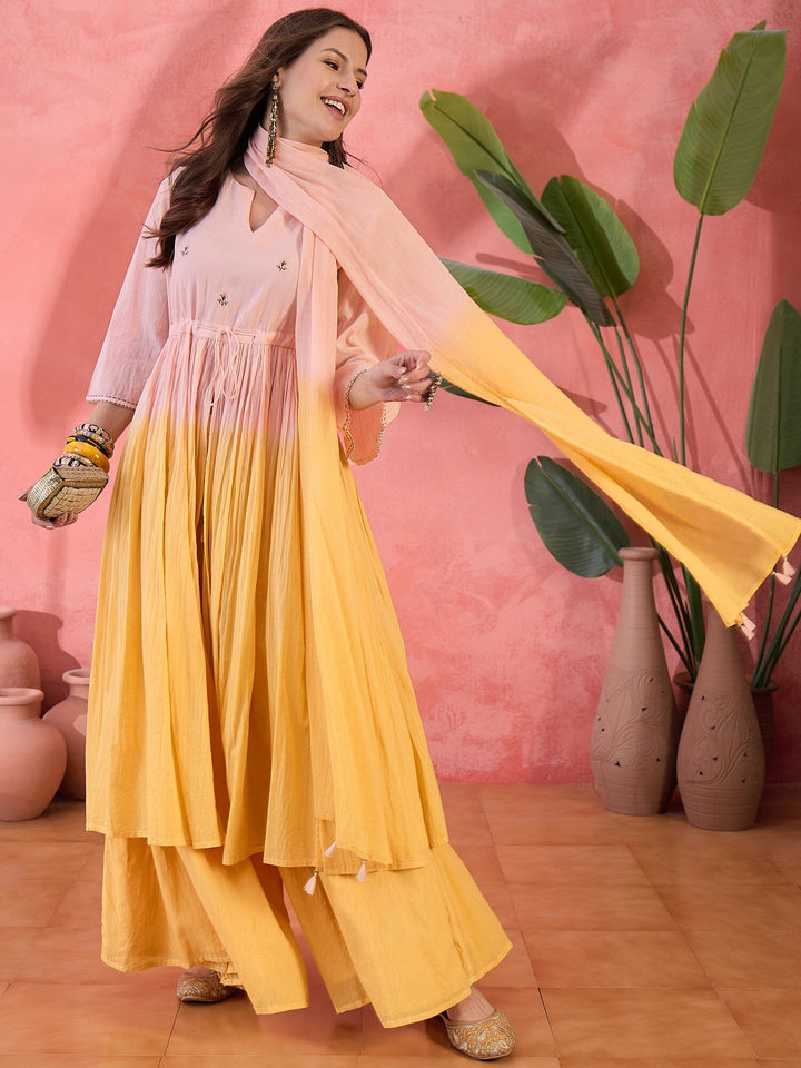 Yellow Solid Print Cotton Kurta Set with Dupatta Kurta set Rangdeep-Fashions 