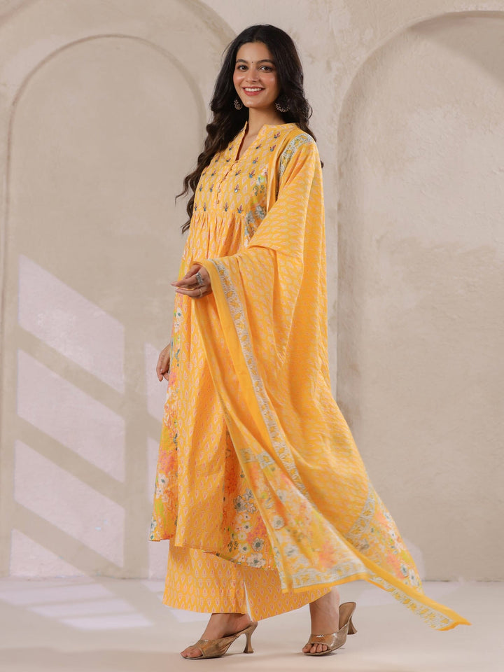 Yellow V-Neck Cotton Kurta with Floral Print and Palazzos for Women Kurta set Rangdeep 