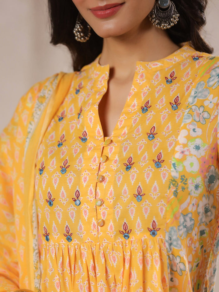 Yellow V-Neck Cotton Kurta with Floral Print and Palazzos for Women Kurta set Rangdeep 