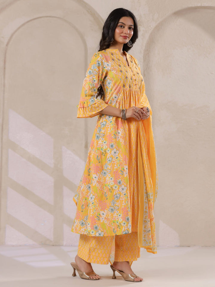 Yellow V-Neck Cotton Kurta with Floral Print and Palazzos for Women Kurta set Rangdeep 