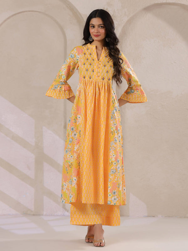Yellow V-Neck Cotton Kurta with Floral Print and Palazzos for Women Kurta set Rangdeep 