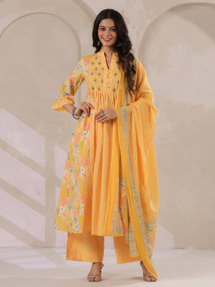 Yellow V-Neck Cotton Kurta with Floral Print and Palazzos for Women Kurta set Rangdeep 