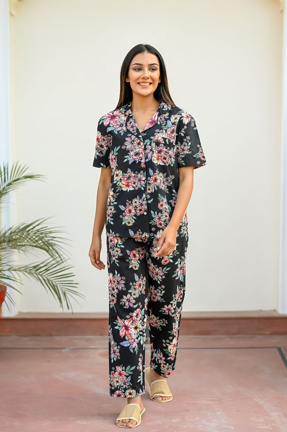 Black Cotton Printed Night Suit Set with Payjama Night Suit SANSKRUTI HOMES 