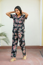 Black Cotton Printed Night Suit Set with Payjama Night Suit SANSKRUTI HOMES 