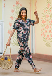 Black Cotton Printed Night Suit Set with Payjama Night Suit SANSKRUTI HOMES 