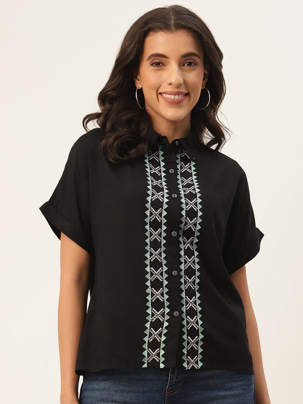 Black Geometric Embroidered Shirt Style Top TOPPER Rangdeep-Fashions 