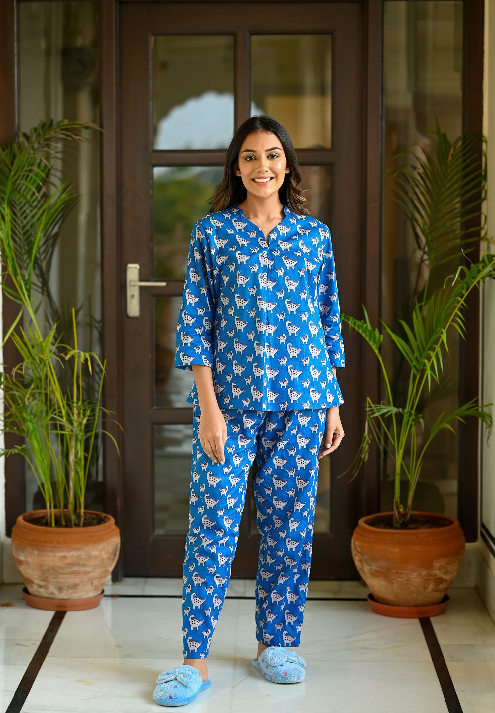 Blue Cotton Printed Night Suit Set with Payjama Night Suit SANSKRUTI HOMES 