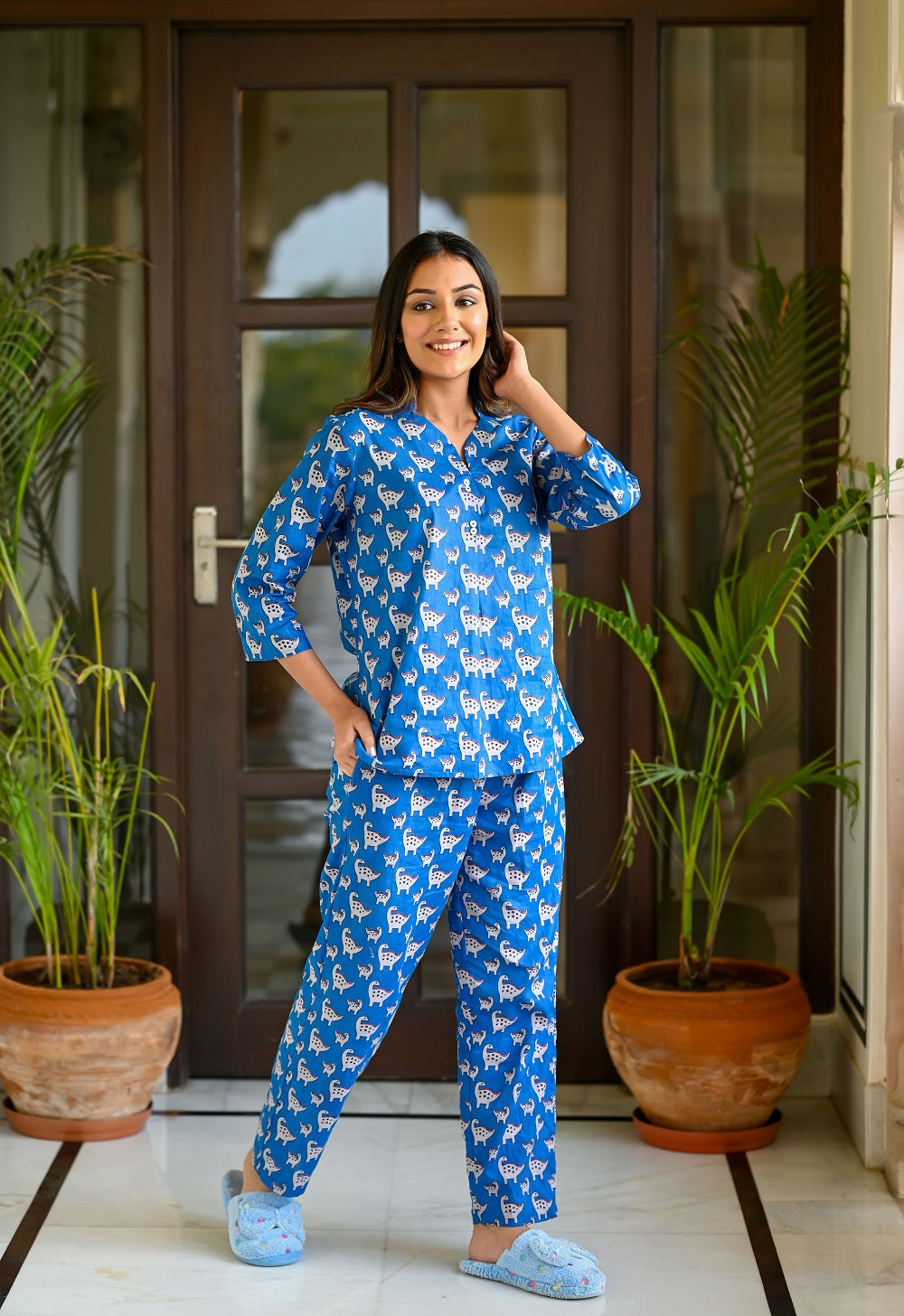 Blue Cotton Printed Night Suit Set with Payjama Night Suit SANSKRUTI HOMES 