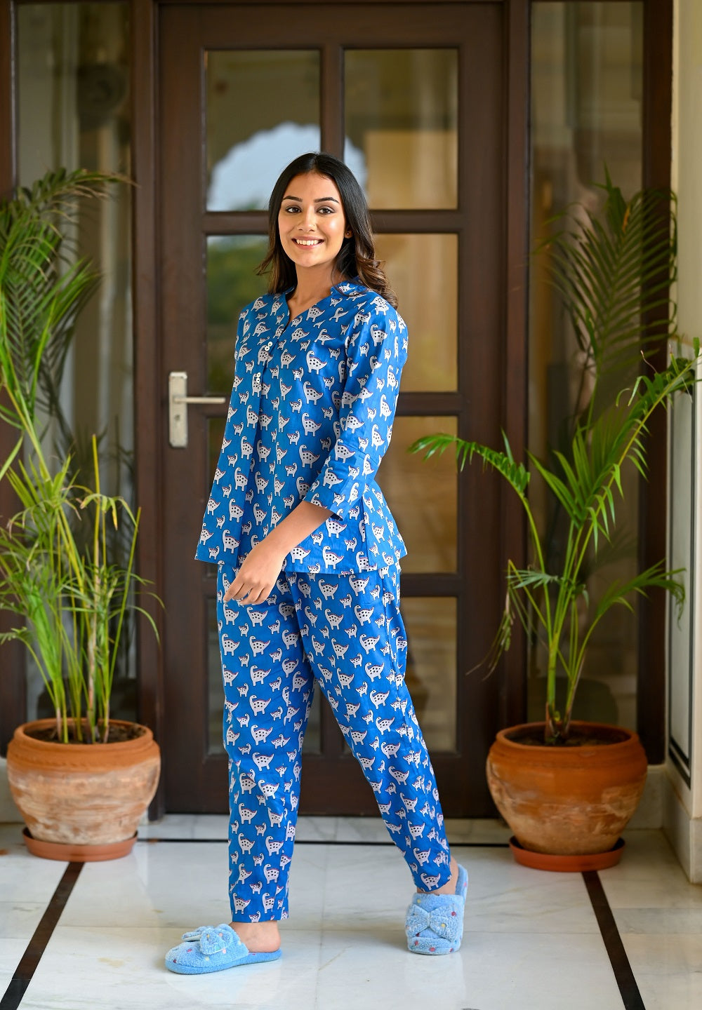 Blue Cotton Printed Night Suit Set with Payjama Night Suit SANSKRUTI HOMES 